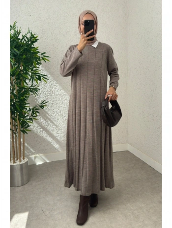 Piliseli Şeritli Triko Elbise - Vizon