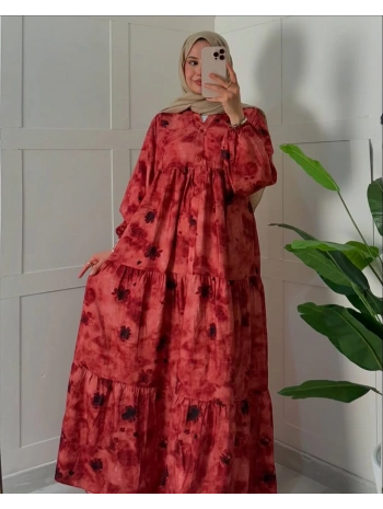 Rana Çiçekli Elbise - Kırmızı