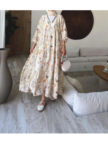 Rana Çiçekli Elbise - Bej