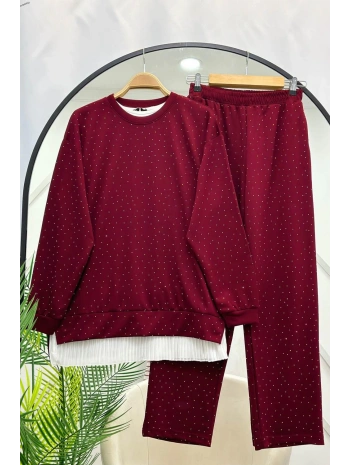 Serpme Taşlı İkili Takım - Bordo