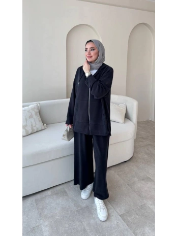 Spor Rahat Fermuarlı Takım - Siyah