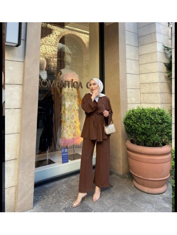 Taşlı Kimonolu Tasarım Takım - Kahverengi