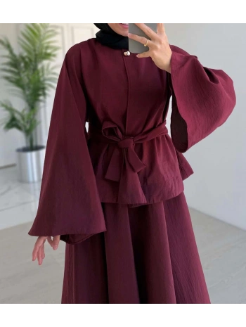 Tek Düğmeli Belden Kuşaklı Ceketli Etekli Takım - Bordo