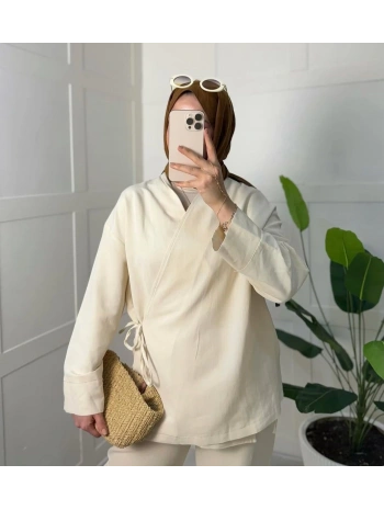 Yandan Bağlamalı Kimonulu Keten Takım