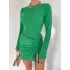 Yeşil Soft Bürümcük Büzgü Yırtmaçlı Elbise