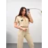 Bej Bel Dantel Şerit Gömlek Yaka Tulum