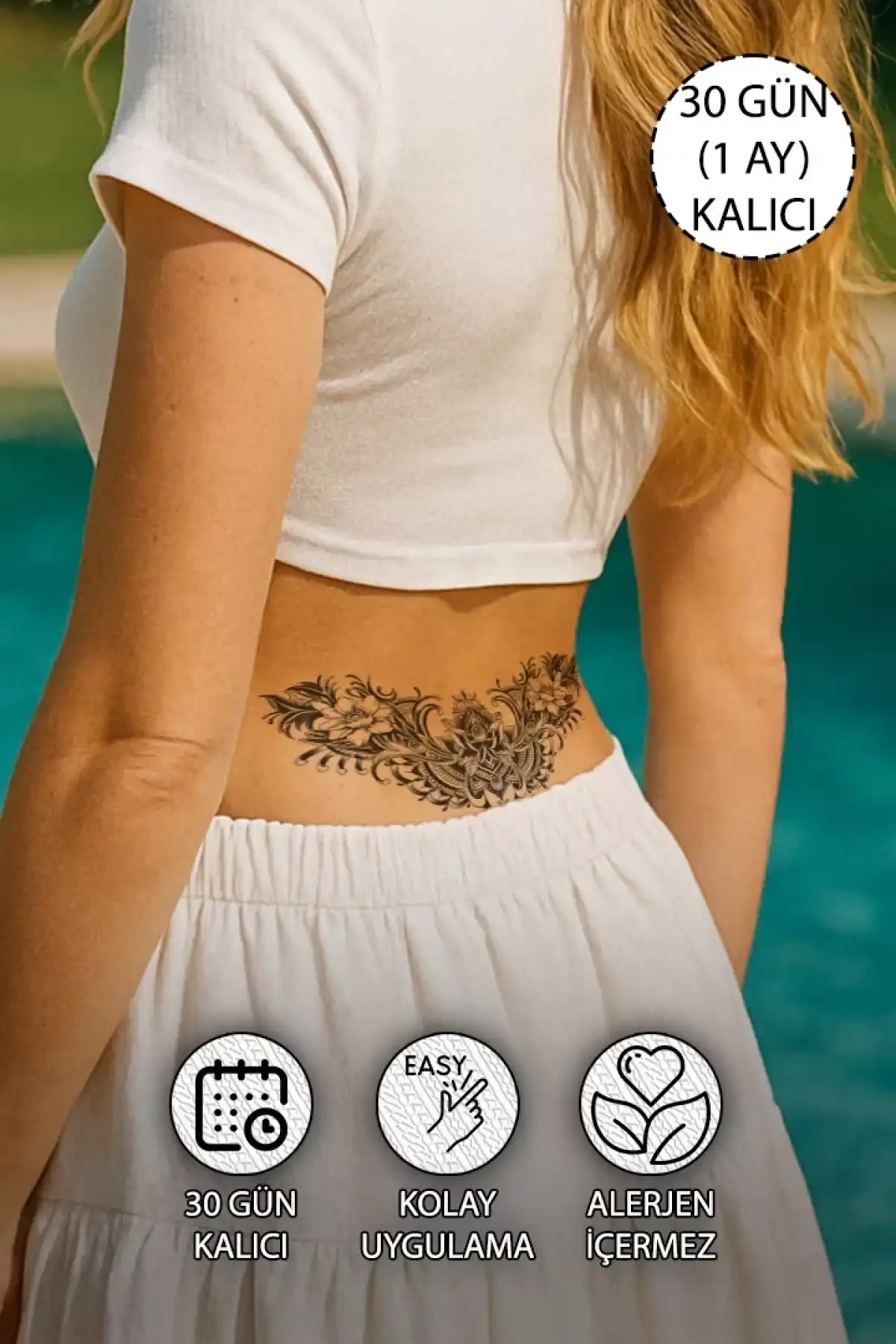 30 Gün / 1 Ay Kalıcı Jartiyer, Göbek, Bel Dövme Tattoo - 12 Saat Sonra Kararır