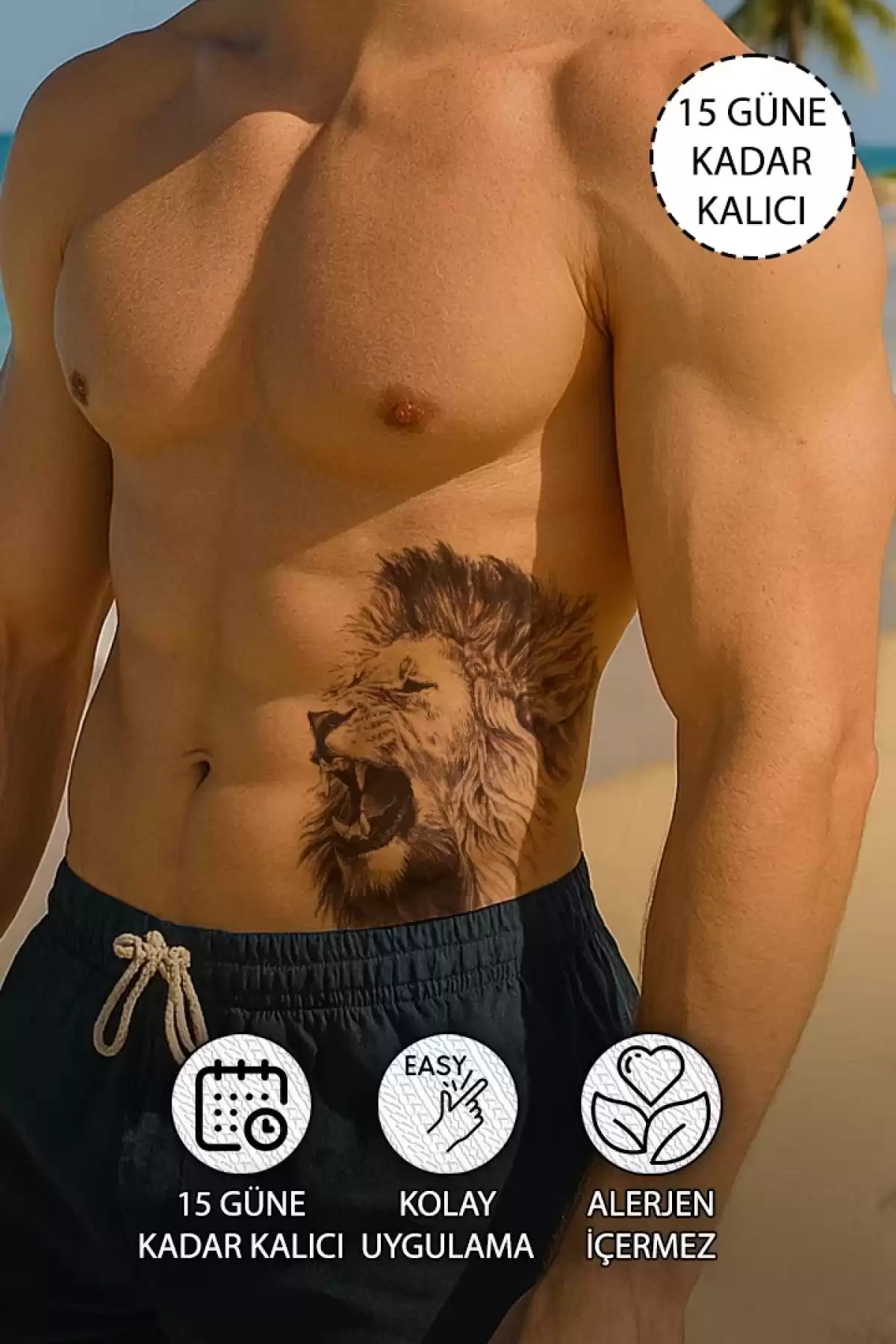 Aslan Figürlü Dövme Tattoo - Anında Görünüm - Doğru Uygulanırsa 2 Haftaya Kadar Kalıcı
