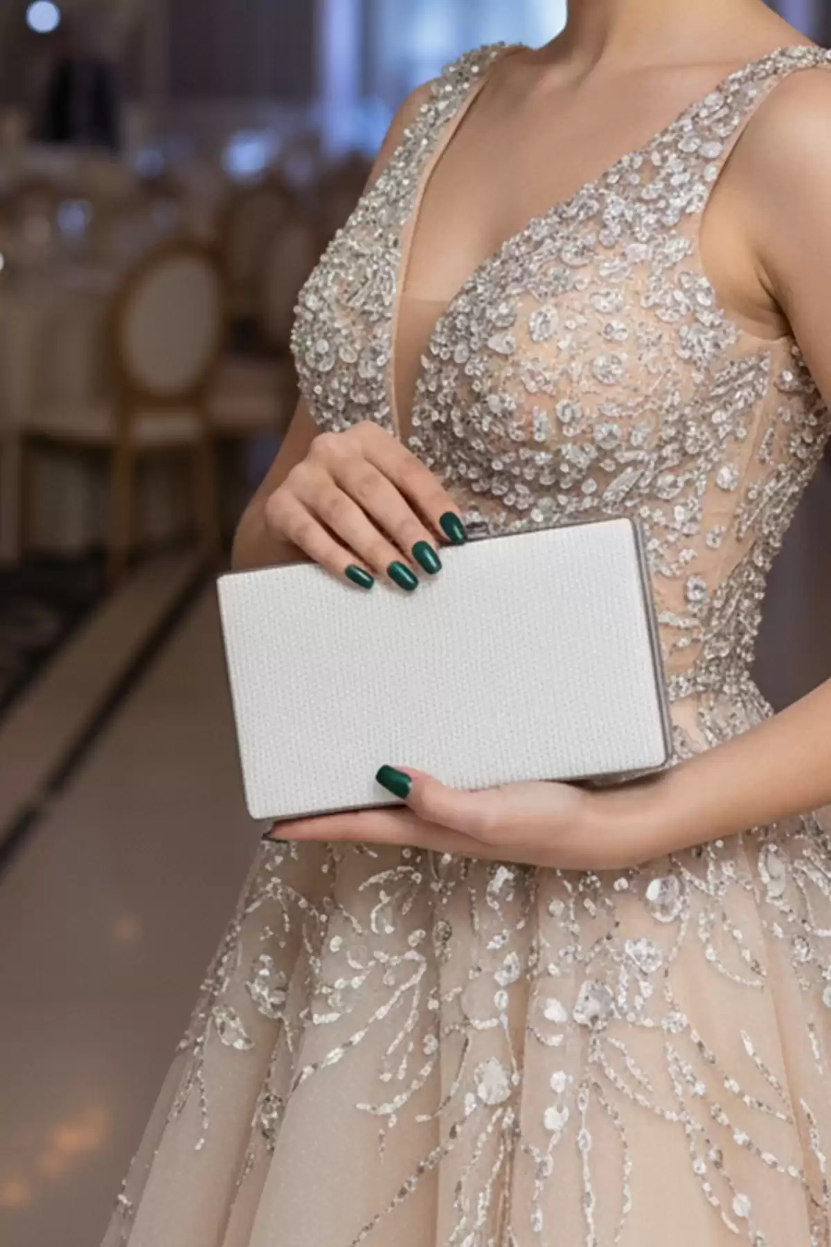 Beyaz Simli Abiye Clutch Çanta – Kadın Gece Davet Portföy Çanta