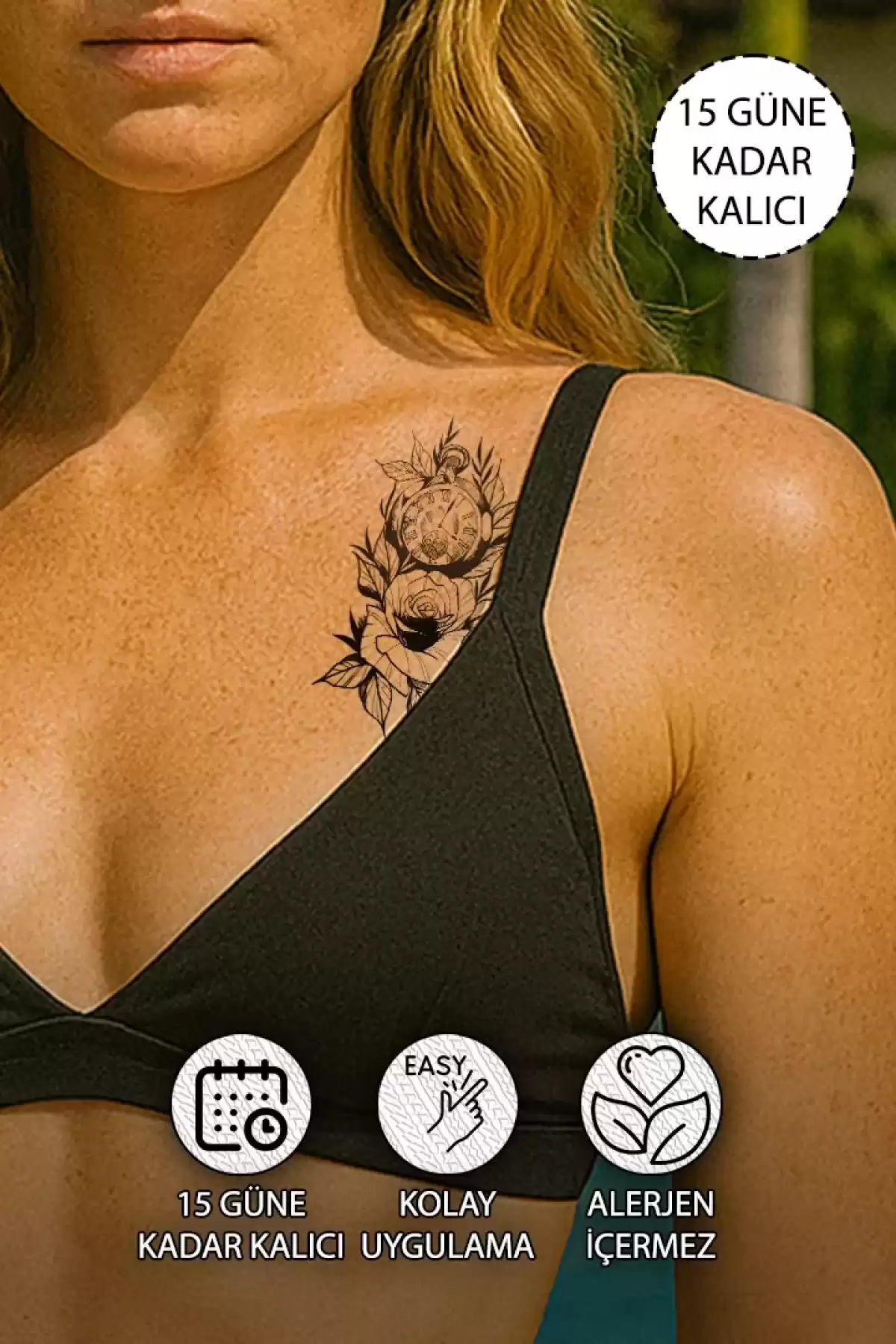 Fleur du Temps Gül ve Saat Geçici Dövme Tattoo - Anında Görünüm - Doğru Uygulanırsa 2 Haftaya Kadar Kalıcı