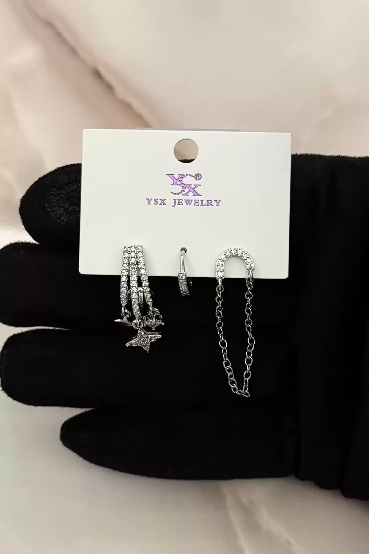Gümüş Renk Yıldız Figürlü Taş Detaylı VIP Üçlü YSX Küpe Set
