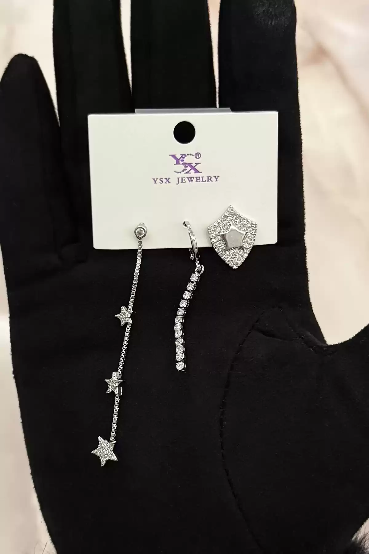 Gümüş Renk Yıldızlar VIP Üçlü YSX Küpe Set