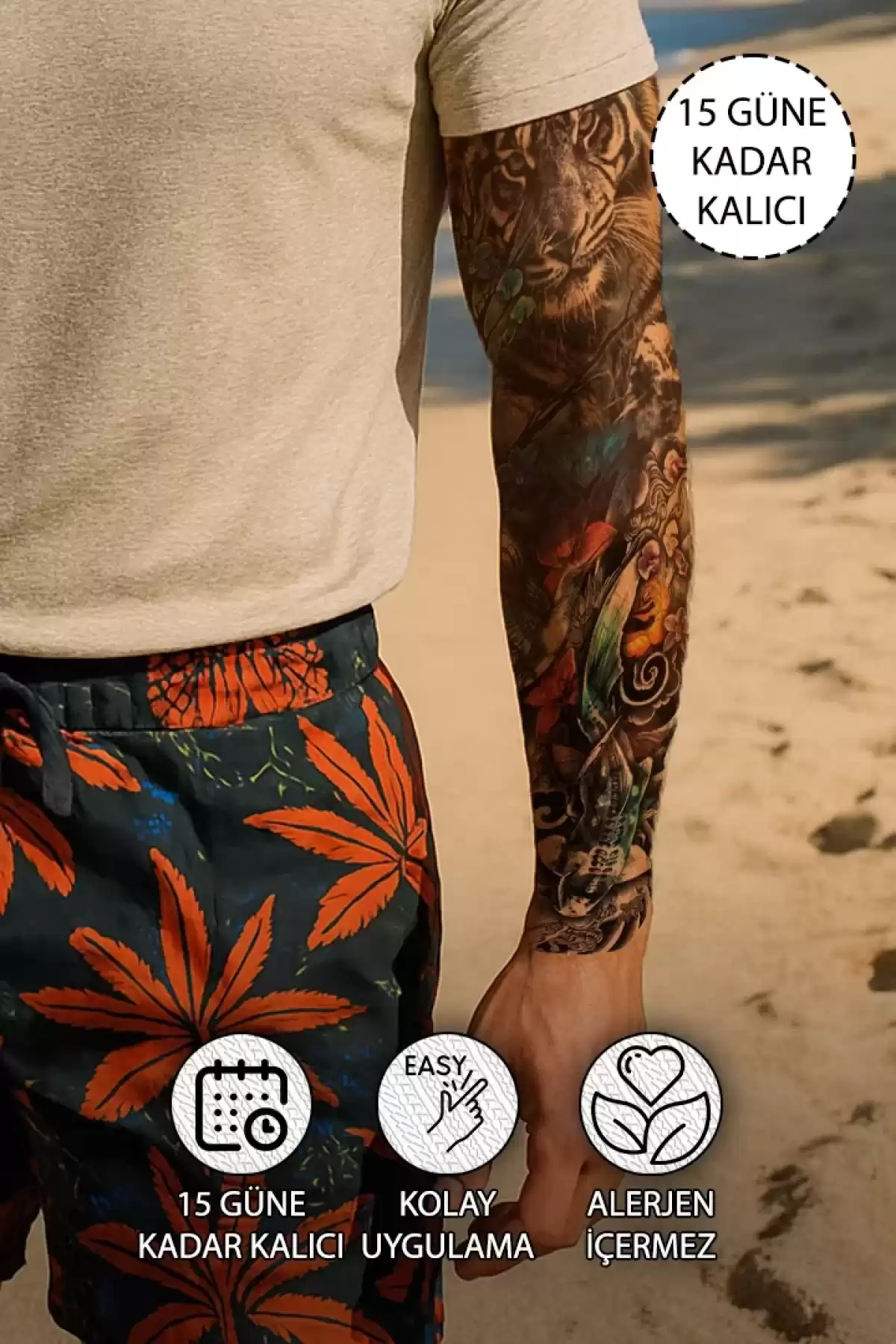 Kaplan Figürlü Kol Kaplama Dövme Tattoo - Anında Görünüm - Doğru Uygulanırsa 2 Haftaya Kadar Kalıcı