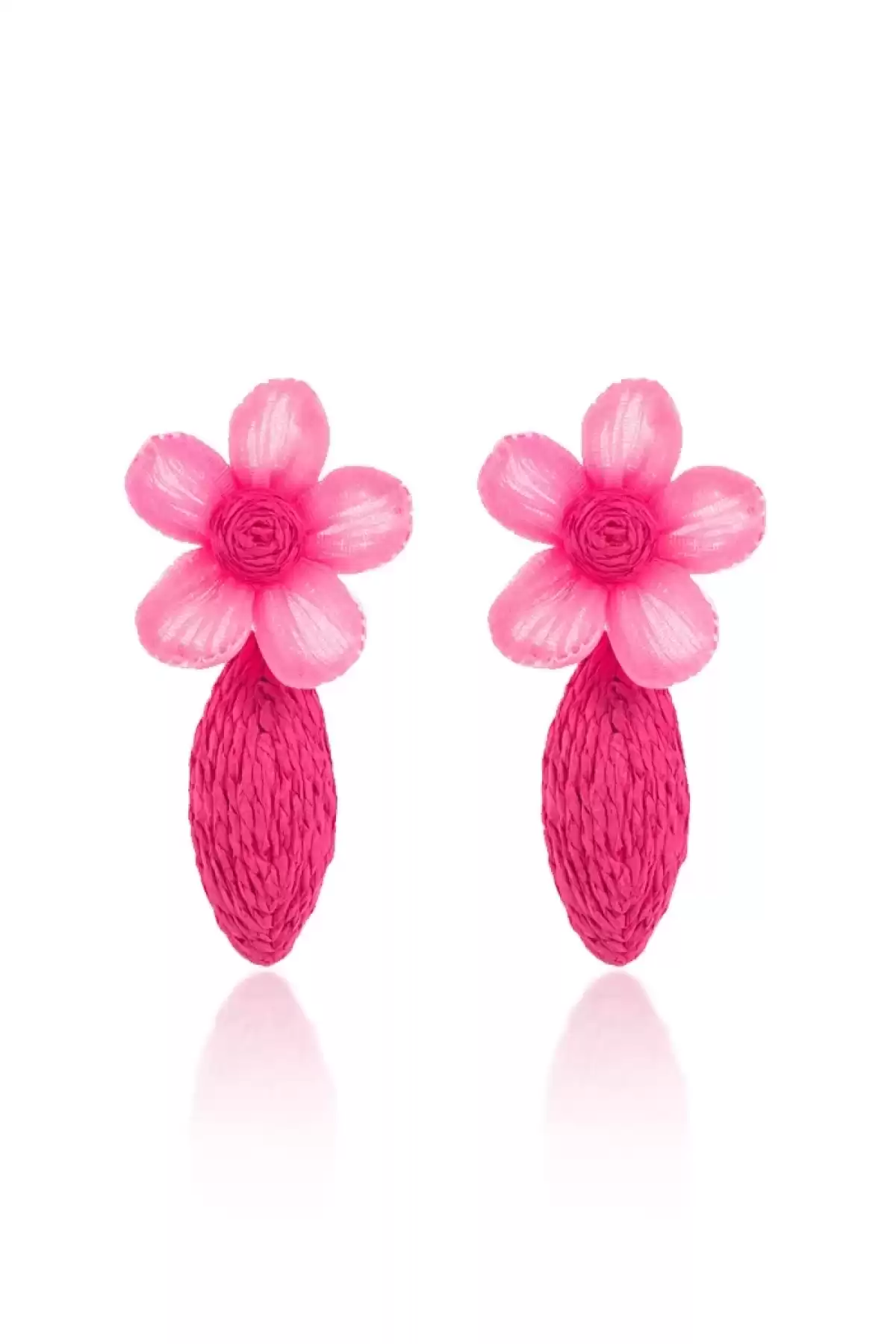 Pembe Çiçek Detaylı Bohem Rafya Küpe - Yaz Tatili Modası