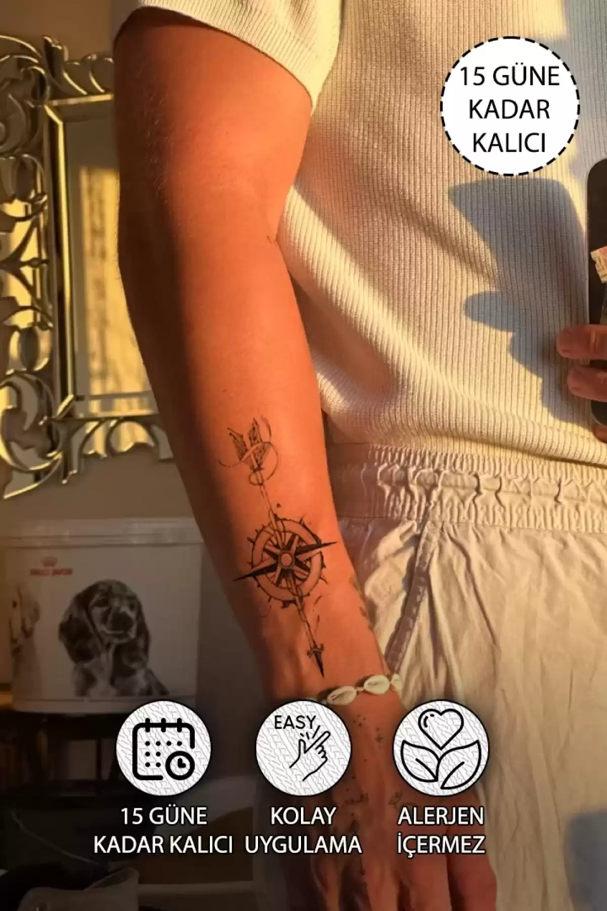 Pusula Geçici Dövme Tattoo - Anında Görünüm - Doğru Uygulanırsa 2 Haftaya Kadar Kalıcı