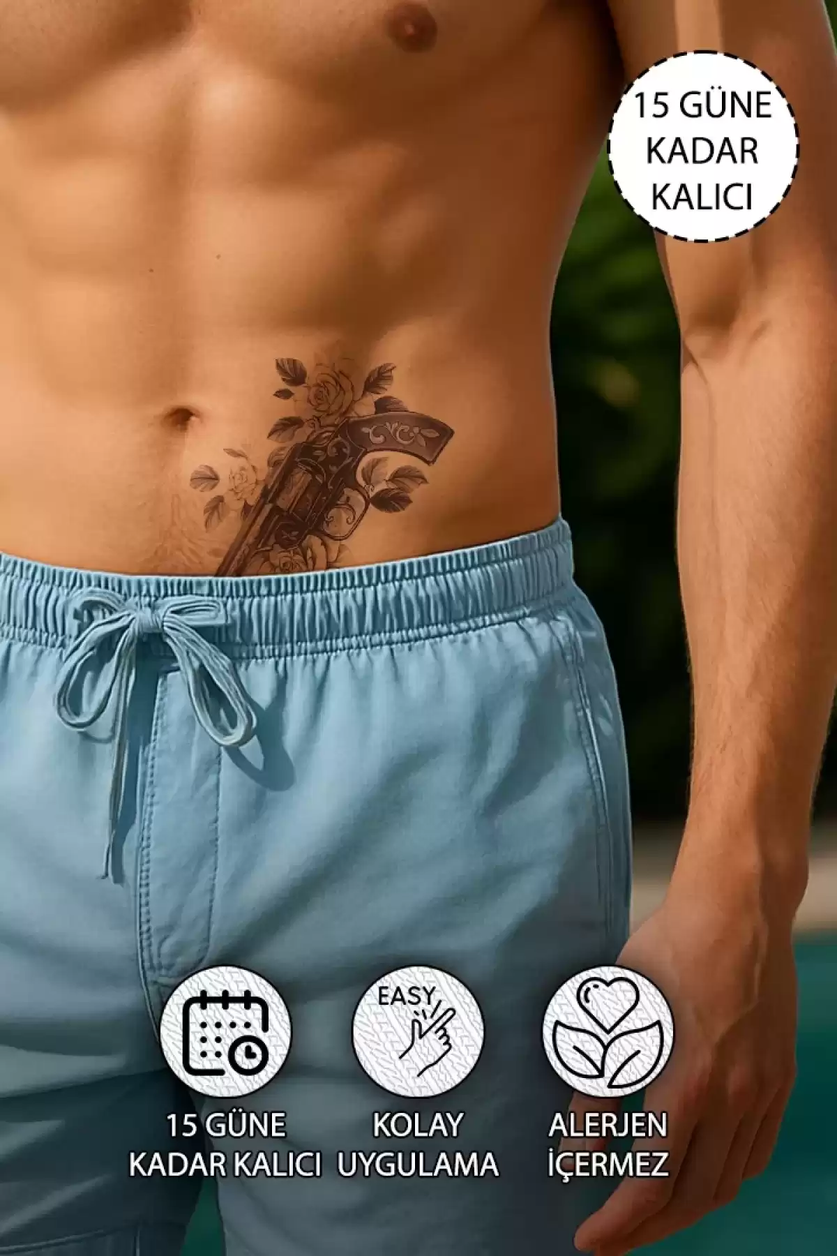 Rose and Gun , Gül ve Silah Geçici Dövme Tattoo - Anında Görünüm - Doğru Uygulanırsa 2 Haftaya Kadar Kalıcı