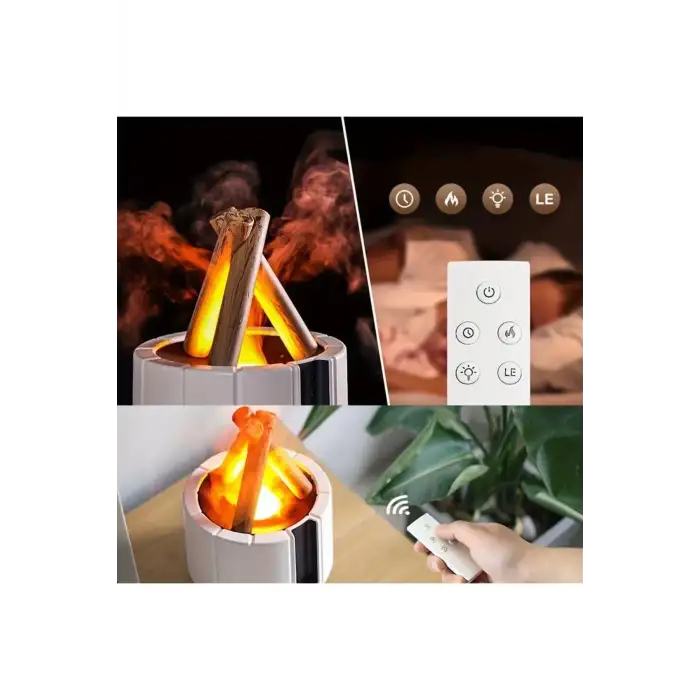 250 Ml Alev Görüntülü Bonfire Oda Nemlendirici Şık Tasarım Uzaktan Kumanda Kontrollü Beyaz