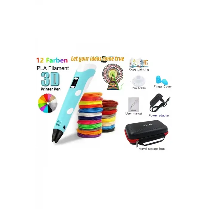 3d Pen Üç Boyutlu Yazıcı Kalem Printer (12 Adet 3 Metre Filament -36 Metre Led Ekranlı Adatörlü