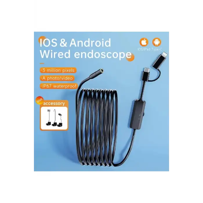 5 Metre Endoskop Yılan Video Kamera Ios Ve Android Uyumlu Led’li 8 Mm Sert Kablo 2mp