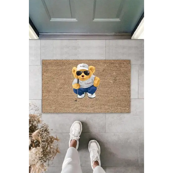 Bej Kapı Önü Paspası Golfer Ayıcık Desen  K-3330