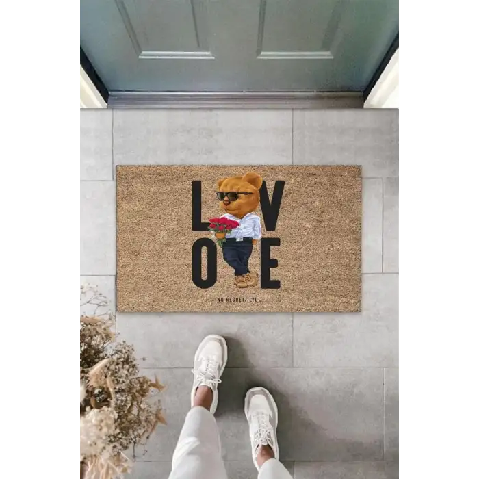 Bej Kapı Önü Paspası Kırmızı Güller Ayıcık Desen  K-3338