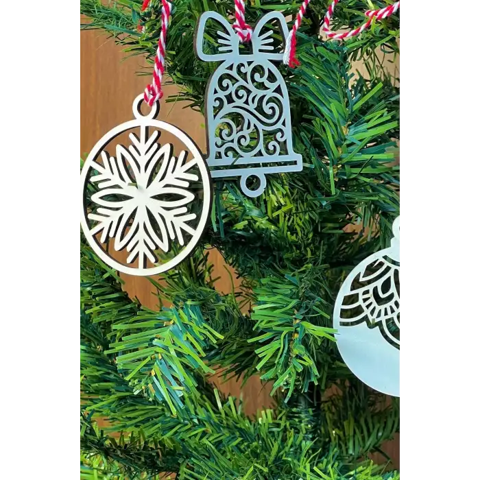 New 10 Parça Kırmızı Beyaz İpli Karışık Model Ahşap Yılbaşı Ağaç Süsü