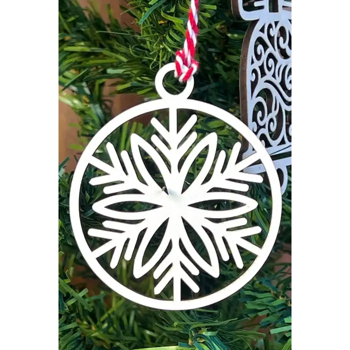 New 10 Parça Kırmızı Beyaz İpli Karışık Model Ahşap Yılbaşı Ağaç Süsü