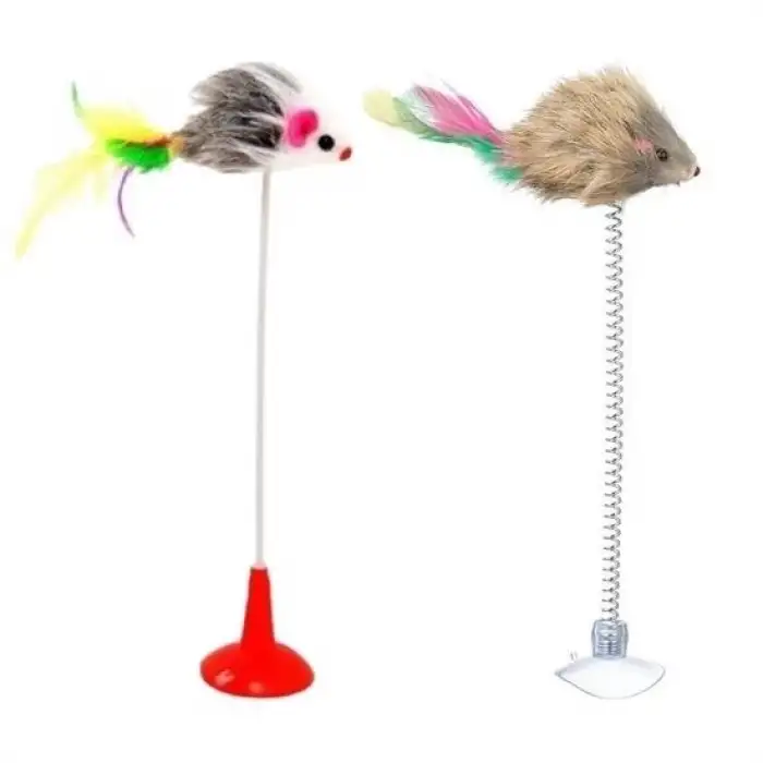 New 2li Vantuzlu Fareli Tüylü Hareketli Çanlı ve Esneyen Eğlenceli Peluş Kedi Oyuncağı