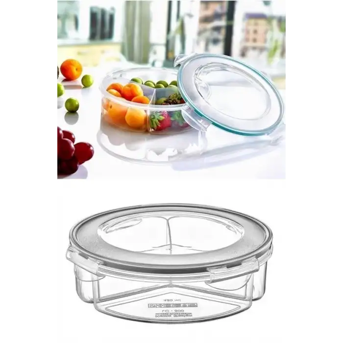 New 3 Bölmeli Sızdırmaz Contalı Kilitli Kapaklı 1,35 Litre yuvarlak Erzak Saklama Kabı LC-500