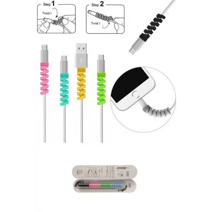 New 4lü Apple, Android Şaj Kablosu Koruyucu Silikon Spiral Yay Aparat