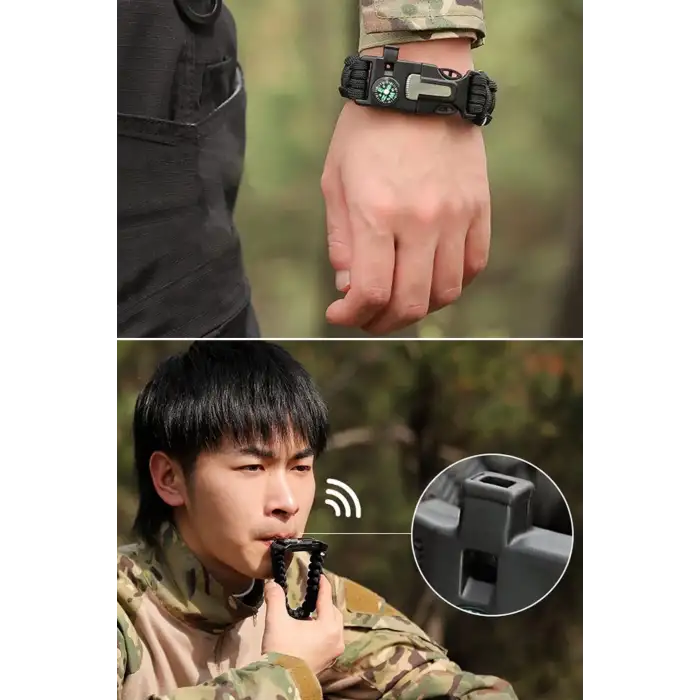 New 5i 1 Arada Çok Fonksiyonlu Hayatta Kalma Bilekliği Pusula, Düdük, Çakmak Taşı ve Şemsiye İpi Bileklik