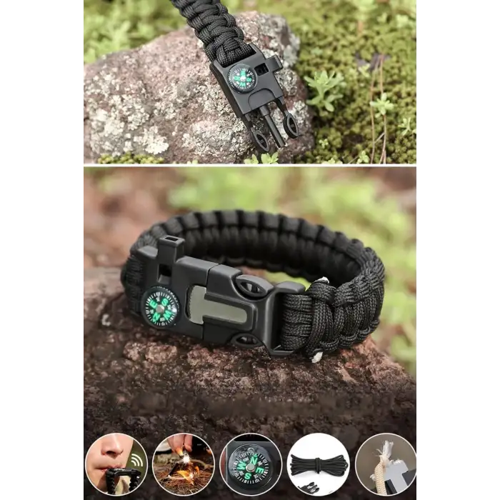 New 5i 1 Arada Çok Fonksiyonlu Hayatta Kalma Bilekliği Pusula, Düdük, Çakmak Taşı ve Şemsiye İpi Bileklik