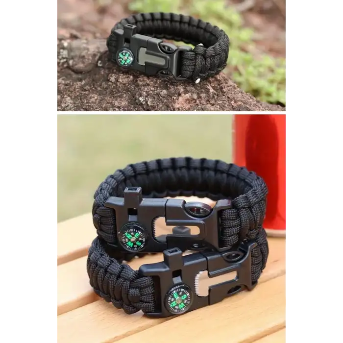 New 5i 1 Arada Çok Fonksiyonlu Hayatta Kalma Bilekliği Pusula, Düdük, Çakmak Taşı ve Şemsiye İpi Bileklik