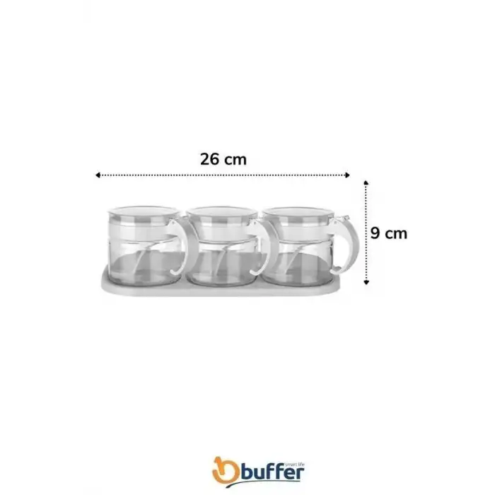 New Beyaz 3lü Standlı Kapaklı Kaşıklı Cam Hava Sızdırmaz Baharatlık Takımı KC-386