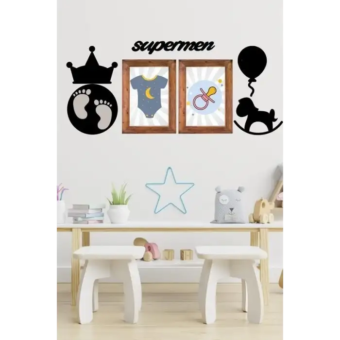 New DECO103 Supermen Dekoratif Duvar Süsü Tablo Aksesuar Ahşap Tasarım Hediye Pano Sticker Seti
