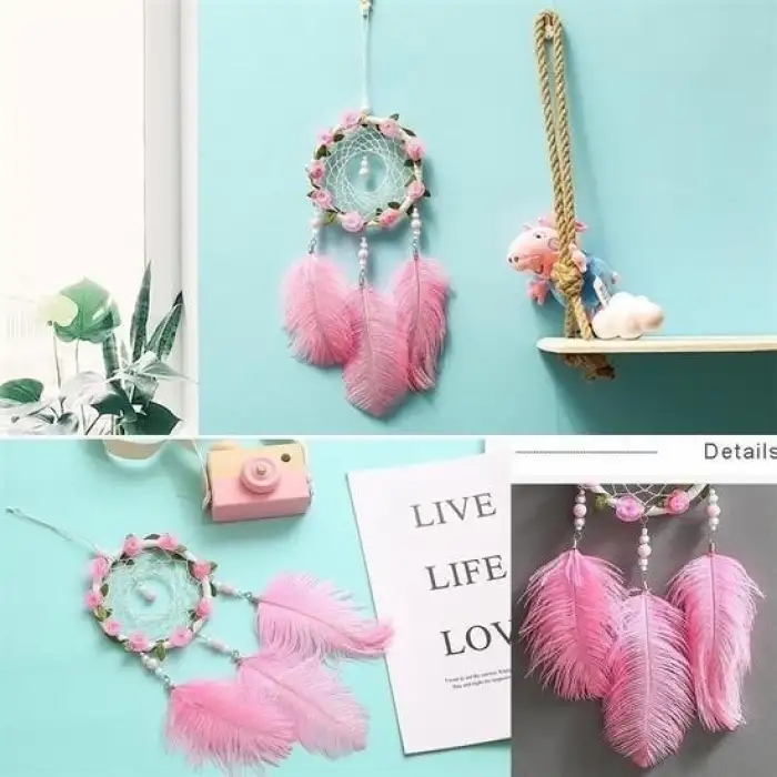 New El Yapımı Kuş Tüyü ve Led Işıklı Dekoratif Asma Düş Rüya Kapanı