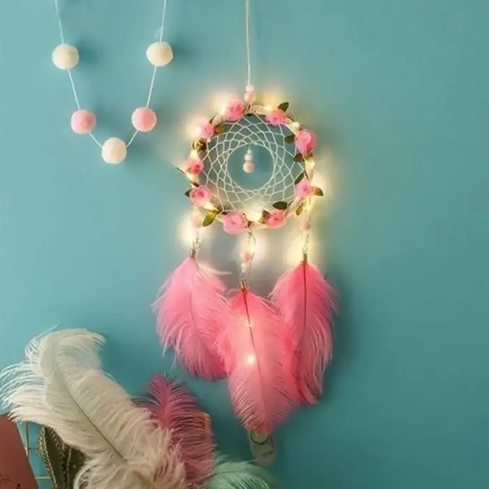 New El Yapımı Kuş Tüyü ve Led Işıklı Dekoratif Asma Düş Rüya Kapanı