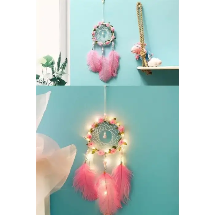 New El Yapımı Kuş Tüyü ve Led Işıklı Dekoratif Asma Düş Rüya Kapanı