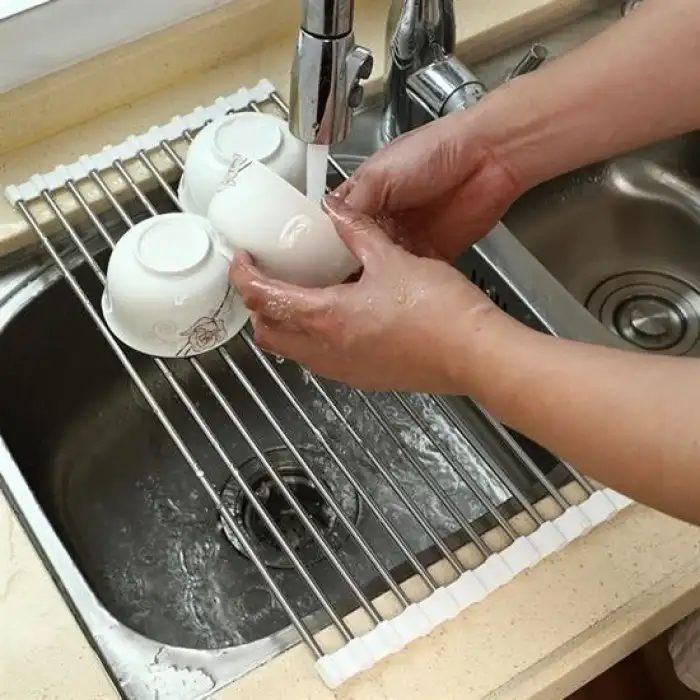 New Evye Üstü Katlanır Nihale Paslanmaz Çelik Pratik Sebze Meyve Bulaşık Kurutma Süzgeci