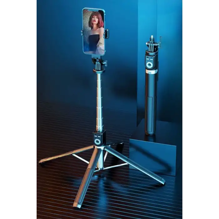 New Fotoğraf Makinası ve Telefon Takılabilen 2si 1 Arada 2.2m Uzayan Selfie Çubuğu Kumandalı Tripod