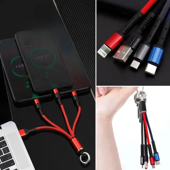 New Işıklı Anahtarlık Model 3 in 1 USB Çıkışlı MİKRO,TYPE-C ve İphone Uyumlu Şarj Kablosu