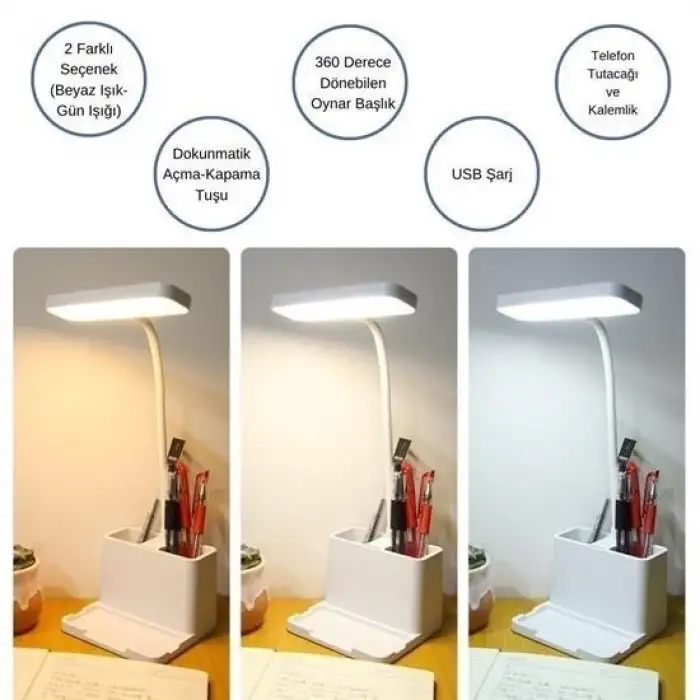 New Kalemlikli USBli Dokunmatik 3 Kademeli 360 Derece Özel Göz Korumalı led Lityum Masa Lambası