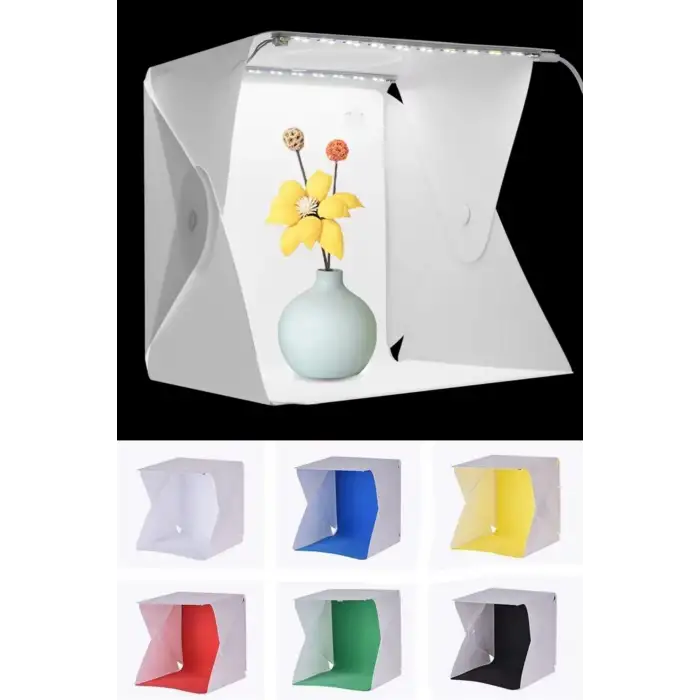 New Katlanır Işıklı Fotoğraf Stüdyosu 40x40 cm 6 Renk Fonlu Ürün Çekimi İçin Uygun Fotoğraf Çekim Kutusu