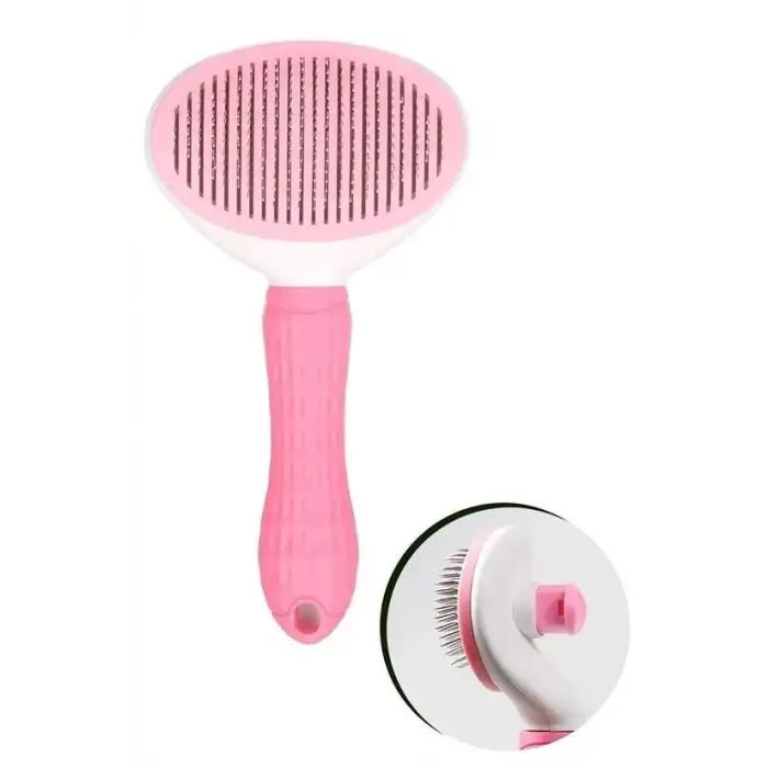 New Kedi Köpek Tüy Toplayıcı Kendini Temizleyebilen Ergonomik Saplı Evcil Hayvan Tarağı Pembe