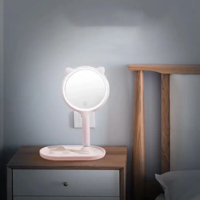 New Kedi Kulaklı Telefon Standlı Yuvarlak Dokunmatik Led Ayarlı Masa Üstü Makyaj Aynası