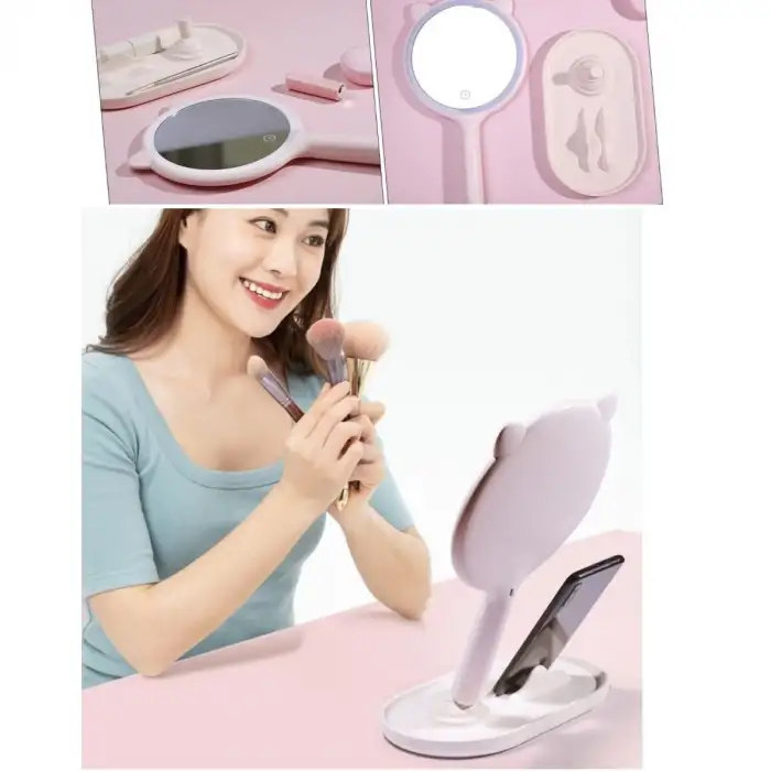 New Kedi Kulaklı Telefon Standlı Yuvarlak Dokunmatik Led Ayarlı Masa Üstü Makyaj Aynası