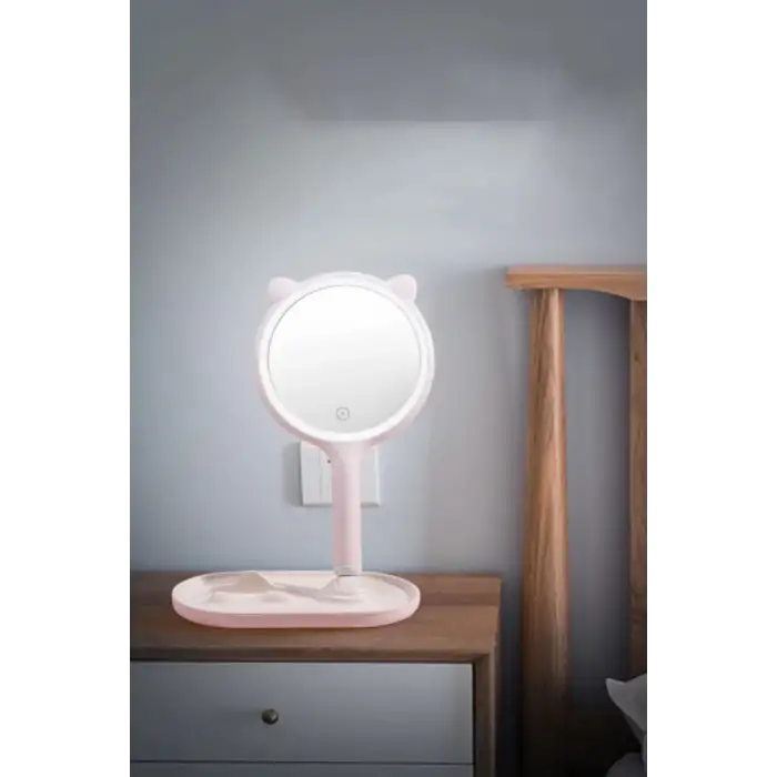 New Kedi Kulaklı Telefon Standlı Yuvarlak Dokunmatik Led Ayarlı Masa Üstü Makyaj Aynası
