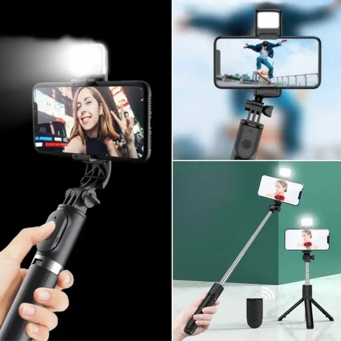 New Kendiliğinden Işıklı Masaüstü Tripod Olabilen Telefon Tutuculu Kablosuz Kumandalı Selfie Çubuğu