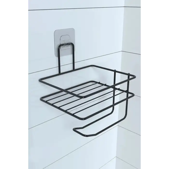 New Kendiliğinden Yapışkanlı Tuvalet Kağıdı Tutacağı ve Yedek Raf - Siyah Modern Metal Tasarım