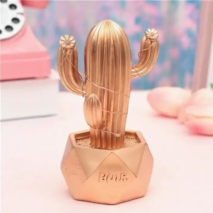New Led Işıklı Sevimli Kaktüs Dekoratif Masa Lambası Mini Biblo Gece Lambası-GOLD